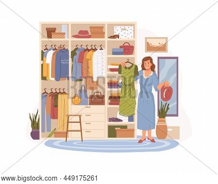 Shopping Female Personage Choosing Dress. Vector Woman In Cloakroom Or Wardrobe Organizing Space For