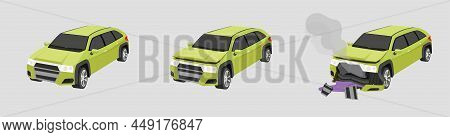 Cartoon Vector Or Illustration Isomatic. Status Of The Soft Green Mini Suv Car From Normal Car To Th