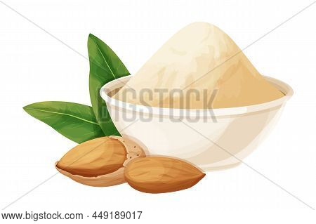Almond Powder, Flour In Bowl Decorated With Almond Nuts In Nutshell, Leaves In Cartoon Style Isolate
