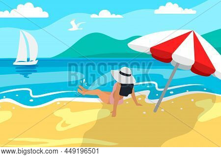 Summer Girl Sits On The Sand On The Beach With Her Back Girl In White Swimsuit With Big Hat At Her H