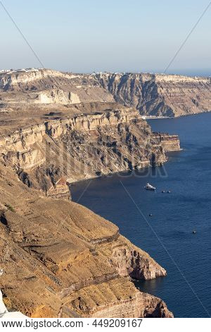 Panoramic View Of The Santorini Caldera Cliffs From The Imerovigli Village On Santorini Island, Gree