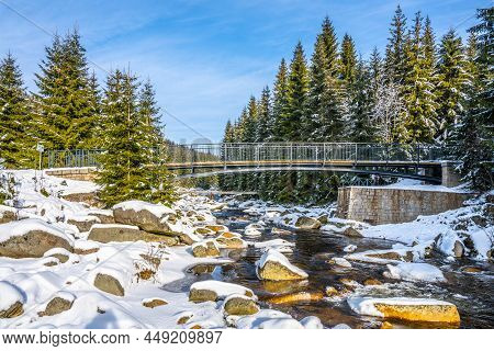 Pedestrian Broder Bridge Over Jizera River On The Route Between Jizerka, Czech Republic, And Orle, P