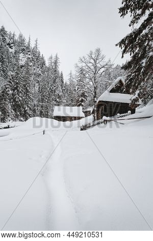 Vertical Photo Of Snow Covered And Frozen Wooden Cabins In The Middle Of Mountain (forest) With Stre