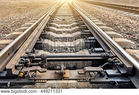 Railroad Arrow Close-up. Steel Structures Of Transport Roads