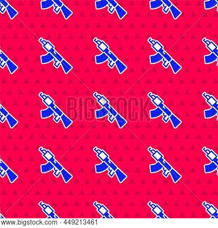 Blue Submachine Gun Icon Isolated Seamless Pattern On Red Background. Kalashnikov Or Ak47. Vector
