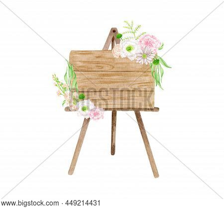 Watercolor Welcome Signboard Illustration. Hand Painted Wood Easel With Flowers And Leaves Isolated 