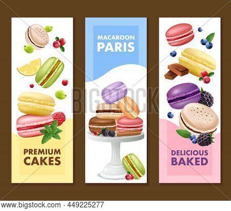 Set Of Three Isolated Vertical Macaroons Banners With Compositions Of Colorful Ratafee Goods And Ing