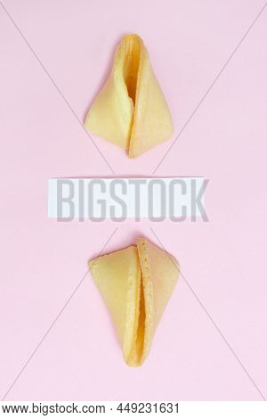 Fortune Cookies On A Pink Background And Place For Text. Mockup. Blank Paper For Writing A Fortune. 