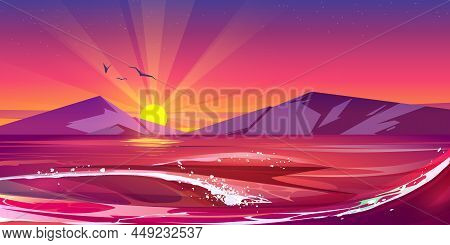 Sunset In Ocean Or Sea With Splashing Waves, Scenery Nature Landscape With Flying Gulls In Purple Sk
