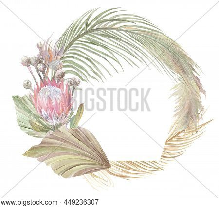 Template For Creating Postcards With A Frame Of Tropical Palm Leaves And Protea Dried Flowers Isolat
