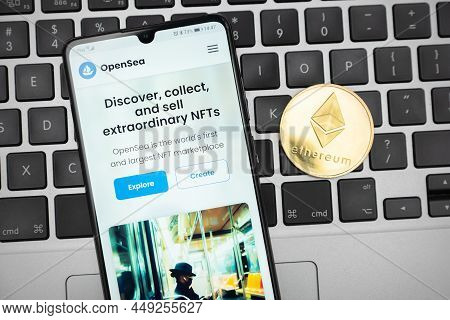 Wroclaw, Poland - Feb 10, 2022: Opensea Nft Non-fungible Token Marketplace. Investing Cryptocurrenci