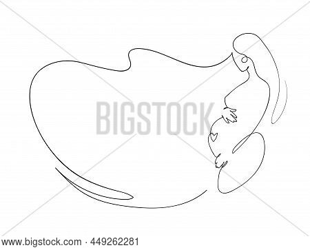 Pregnancy Artline Hand Drawing, Motherhood Sketch, Pregnant Woman Line Art With Continuous Line. Vec