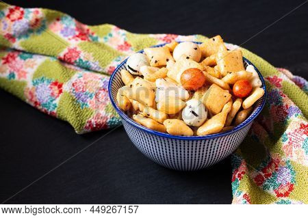 Food Concept Senbei Japanese Snack Rice Crackers On Wooden Board With Copy Space