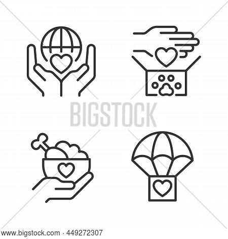 Helping Others Pixel Perfect Linear Icons Set. Charitable Organization. Animal Donation. Hand Out Fr