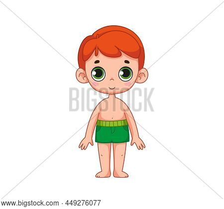 A Cute Red-haired Boy With Big Eyes Is Standing In Green Swimming Trunks Or Shorts. Children's Illus