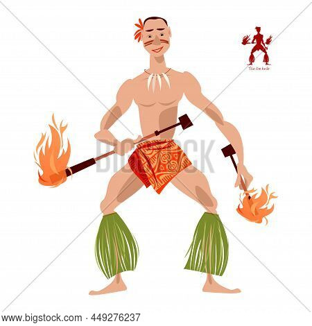 Polynesian Fire Dancer. Fire Performance. Vector Illustration