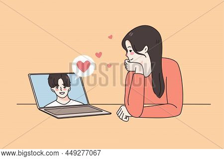 Happy Girl Talk On Video Call On Laptop With Boyfriend. Smiling Loving Woman Have Webcam Virtual Eve