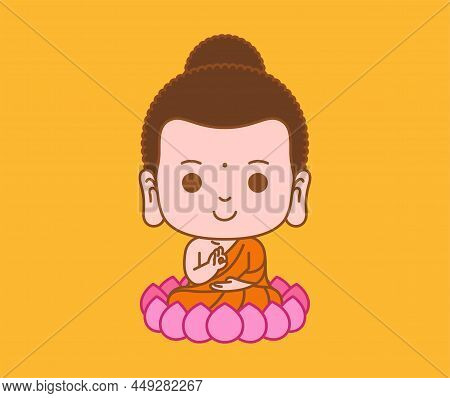 Little Buddha Cartoon Character Meditation On Lotus Flower Outline Vector Illustration