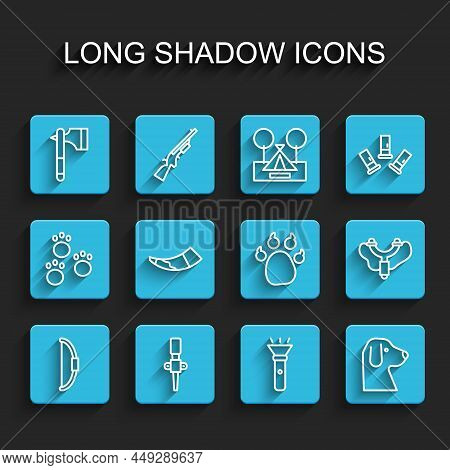 Set Line Bow, Torch Flame, Wooden Axe, Flashlight, Dog, Hunting Horn, Slingshot And Paw Print Icon. 
