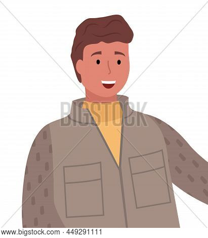 Man Standing Alone And Smiling. Person Dressed In Warm Clothes Like Sweater And Overcoat. Guy Look S