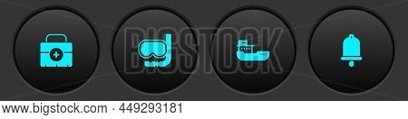 Set First Aid Kit, Diving Mask And Snorkel, Cargo Ship And Ship Bell Icon. Vector