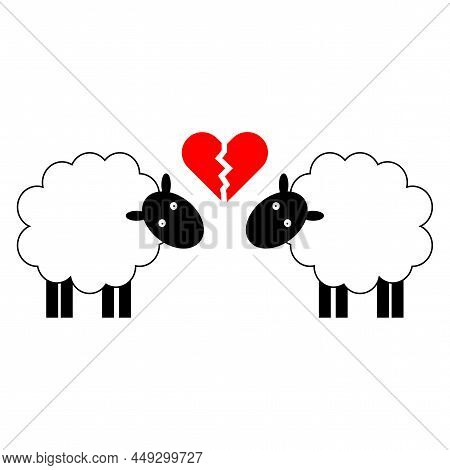 Two Sheep Broken Heart In Cartoon. Character Design. Digital Art. Broken Love Symbol. Vector Illustr