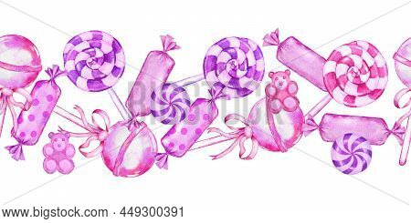 Seamless Hand Drawn Horizontal Border Of Pink Sweet Food Candies Lollipop Chewing Gum Dessert Party 