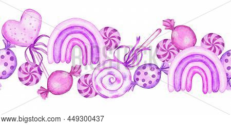Seamless Hand Drawn Horizontal Border Of Pink Sweet Food Candies Lollipop Chewing Gum Dessert Party 