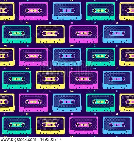 Audio Cassettes. Seamless Vector Pattern In The Style Of The Nineties