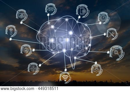 Polygonal Brain Shape Of An Artificial Intelligence With Various Icon Of Smart City Internet Of Thin