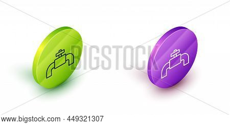Isometric Line Industry Metallic Pipes And Valve Icon Isolated On White Background. Green And Purple