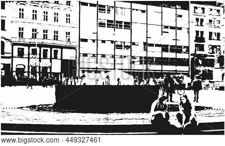 Drawing Of A Square In The City Center With Buildings And A Water Fountain - Black Illustration Isol