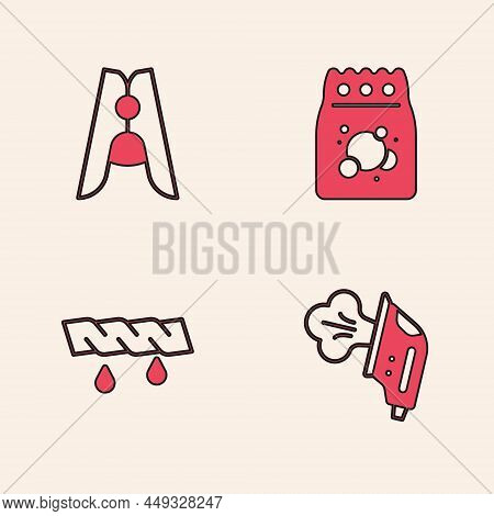 Set Electric Iron, Clothes Pin, Laundry Detergent And Squeeze Clothes Icon. Vector