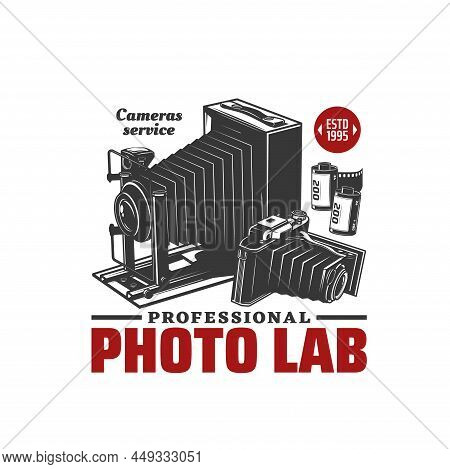 Photo Lab Icon Or Photography Studio Emblem With Retro Camera, Vector. Photographer Service Or Profe