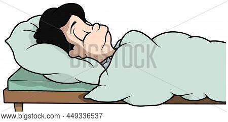 Sick Black-haired Boy Lying In Bed Covered With A Duvet - Colored Cartoon Illustration Isolated On W
