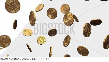 Golden Dollar Crypto Coin Flying On White Background. Background With 3d Rendering Coins. Cryptocurr