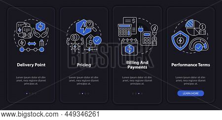 Ppa Sales Night Mode Onboarding Mobile App Screen. Financial Terms Walkthrough 4 Steps Graphic Instr