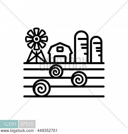Farm Landscape With Barn, Windpump, Haystack And Granary Icon. Agriculture Sign. Graph Symbol For Yo