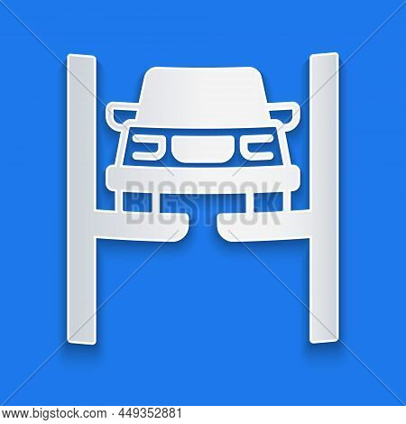 Paper Cut Repair Car On Lift Icon Isolated On Blue Background. Repair Of The Underbody, Suspension, 