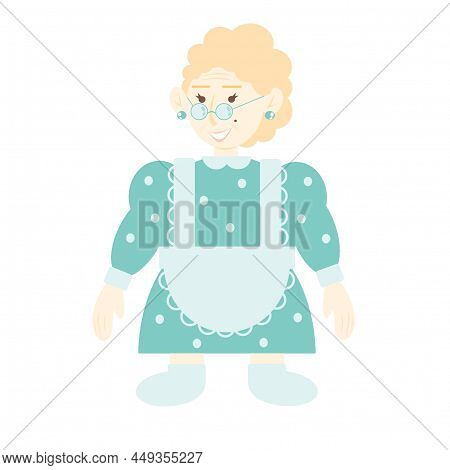 Grandmother. Nice Old Woman In A Blue Dress And Glasses.