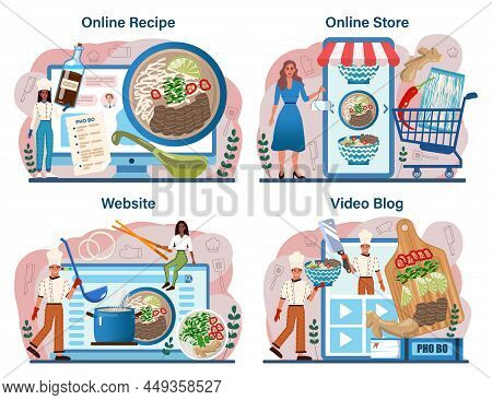 Pho Bo Online Service Or Platform Set. Vietnamese Soup In A Bowl.