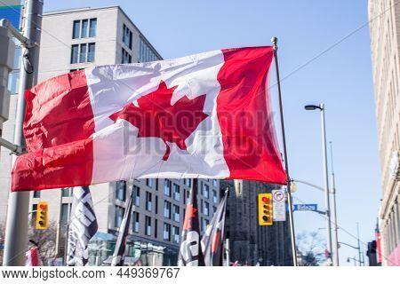 Big Canadian Flag Freedom Convoy 2022 In Downtown Ottawa, Convoy Of Freedom. Canadian Convoy Protest