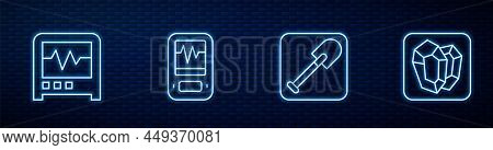 Set Line Shovel, Seismograph, And Gem Stone. Glowing Neon Icon On Brick Wall. Vector