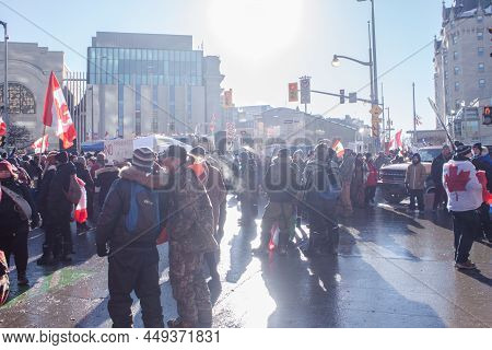 Freedom Convoy 2022 In Downtown Ottawa, Convoy Of Freedom. Canadian Convoy Protest Against Covid-19 
