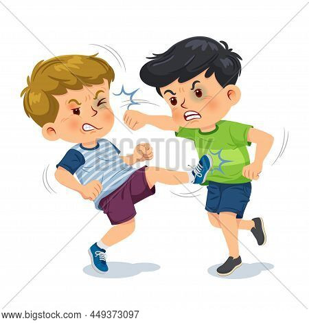 Two Boys Fighting. Cartoon Vector Illustration Isolated On White Background.