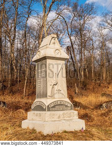 Gettysburg, Pennsylvania, Usa February 8, 2022 The Monument To The 5th Ohio Volunteer Infantry Regim