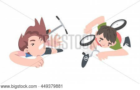 View From Above Of Boys Falling Down From Kick Scooter And Bicycle Cartoon Vector Illustration