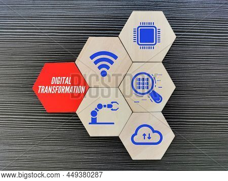 Digital Transformation Concept With Icons On Wooden Hexagon.