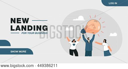 Leader Holding Light Bulb Over His Head Flat Vector Illustration. Business Team Coming Up With Creat