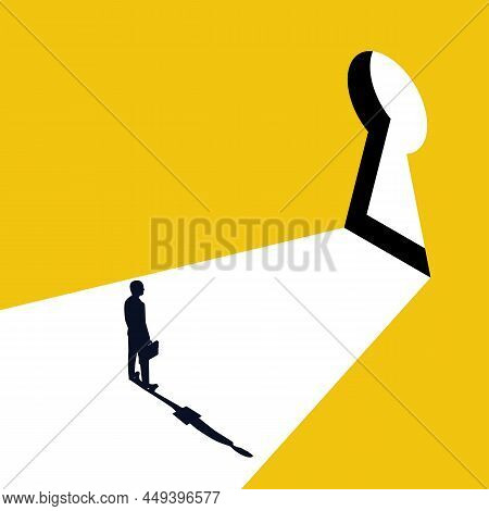Businessman In Suit Standing In Front Of Keyhole. Solution To Problem Business Concept. Man Looks At